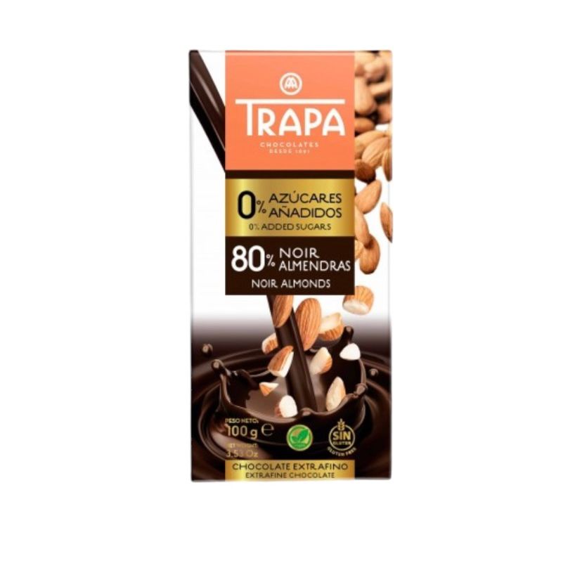 TABLETA CHOCOLATE 80% NOIR CON ALMENDRA 0% AZUCAR 100GR TRAPA