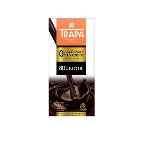 TABLETA CHOCOLATE 80% NOIR 0% AZUCAR TRAPA